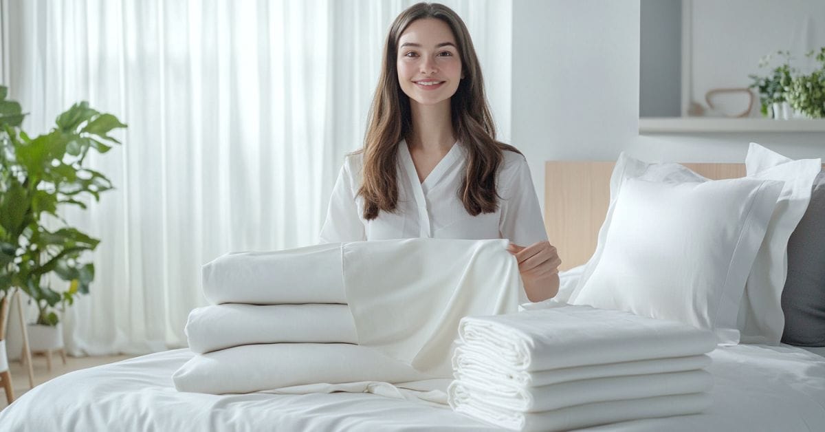 Kvinde tester bambus sengetøj